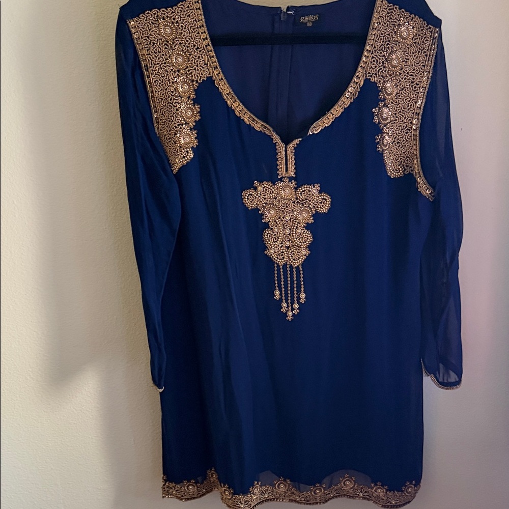 Elegant Blue and Gold Embroidered Women's Top